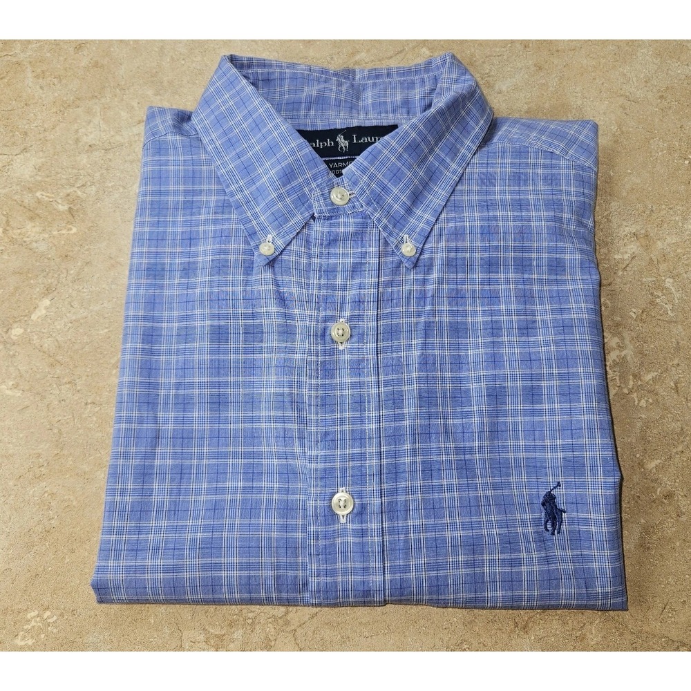 Vtg Ralph Lauren Men L 16 1/2 34/35 Cotton Blue Check Pony Yarmouth Shirt Preppy